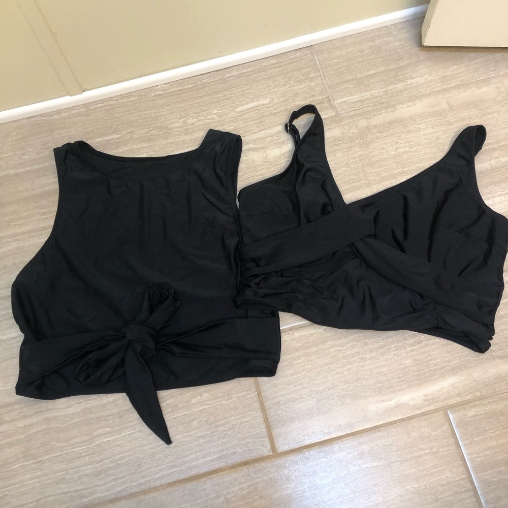2 Women's Black Bathing Suit Tops Tie-Front & Crisscross Size L